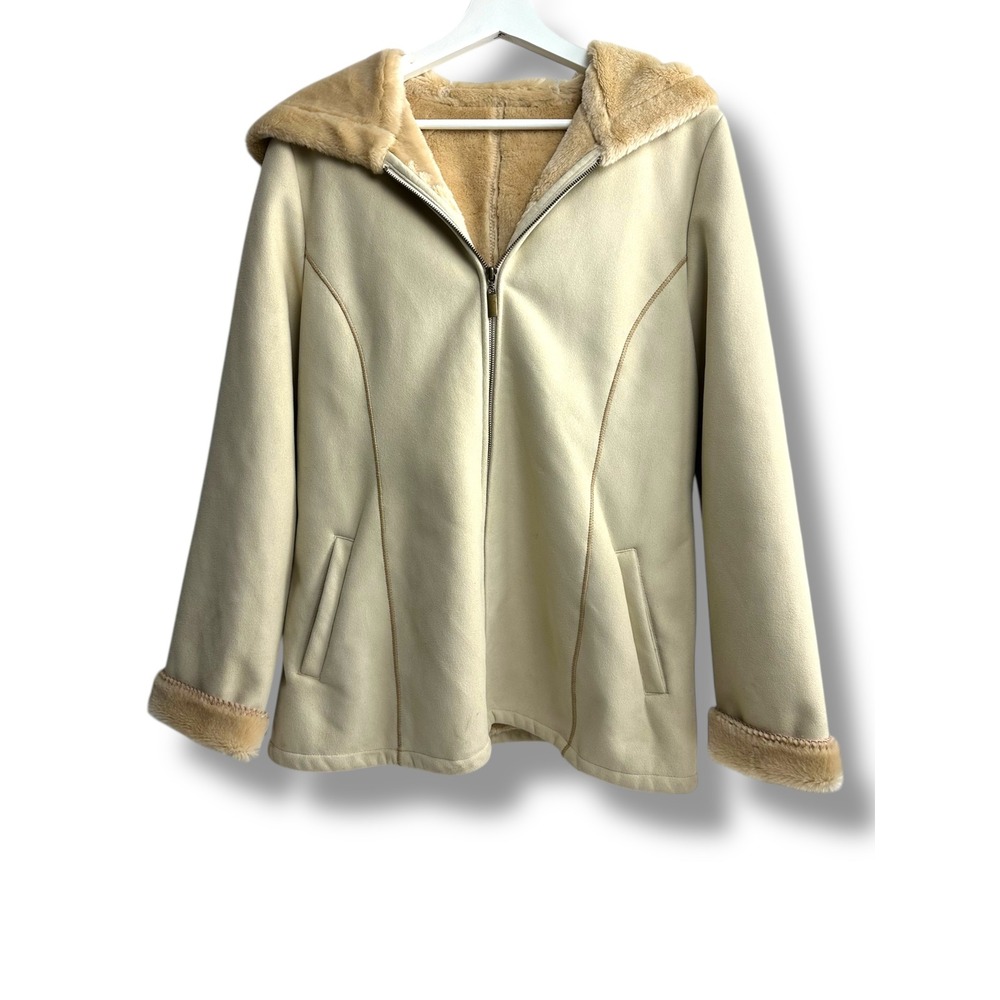Marvin Richards Womens Size M Cream Faux Suede Fur Lined Hooded Jacket Coat